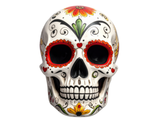 Colorful Decorative Skull with Intricate Floral Patterns on a Transparent Background