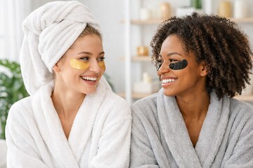Radiant Rejuvenation Ritual: Two friends, wrapped in soft robes and fresh towels, share a moment of bliss, their faces adorned with eye masks, radiating happiness. 
