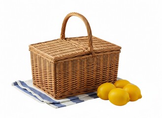 Summer Picnic Basket: A classic woven picnic basket is prepared for a delightful day outdoors, beside a lemon and a clean towel ready for sunny days