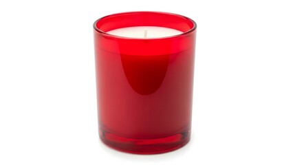 Red Glass Jar Candle with White Wax and Wick on White Background image photo