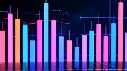 Abstract, vibrant graph with colorful, glowing bars and flowing lines against dark background - Powered by Adobe