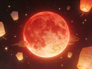 mystical blood moon fantasy night scene with lantern silhouette and decorative clouds