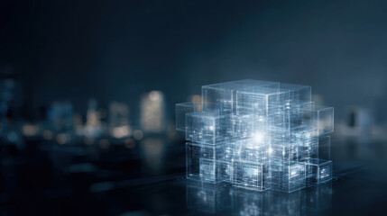 A transparent glowing cube structure hovers above a reflective surface with a blurred city lights backdrop in a dark and atmospheric setting.