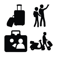 Travel and business vector icons: luggage, people, scooter, briefcase. Vector