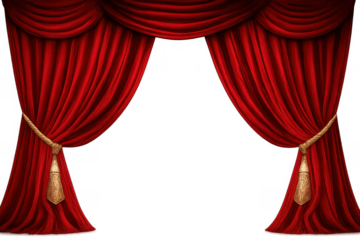 Red velvet stage curtains opening, decorated with golden tassels and ropes, creating a luxurious theatre backdrop on a transparent background