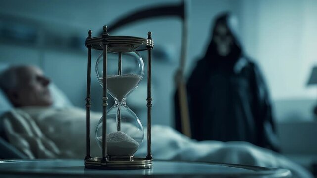 An old hourglass on a table in a room at hospital with a grim reaper holding a scythe standing beside an elderly man laying on hospital bed behind at hospital