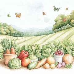 This vibrant watercolor captures the beauty and abundance of a thriving summer garden  The lush  verdant landscape is filled with a diverse array of colorful vegetables  fresh produce
