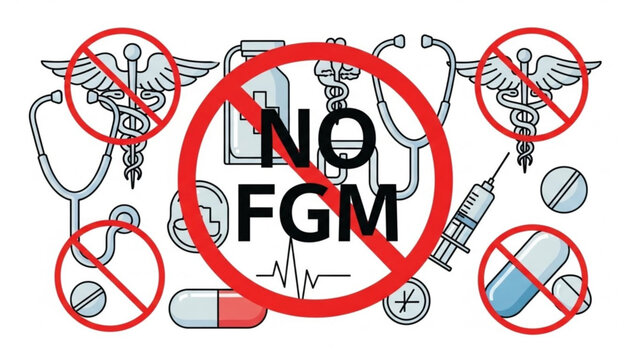 No FGM symbol with medical icons vector illustration against female genital mutilation concept of health and human rights isolated on white