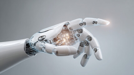 A futuristic robot hand with exposed technology extends its index finger against a plain gray background in a conceptual representation of AI.