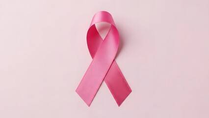 Single pink ribbon for breast cancer awareness on a light pink background symbol