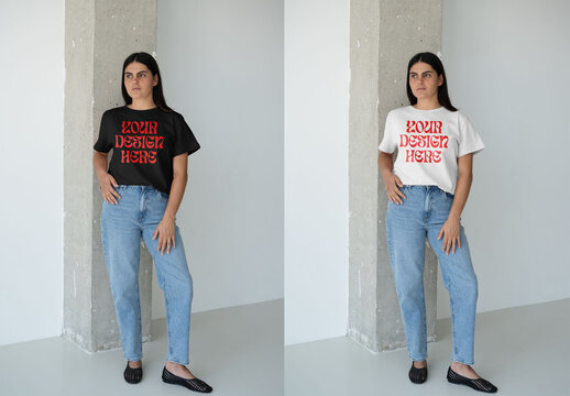 Mockup Of Woman Wearing Customized T-Shirt, By Wall