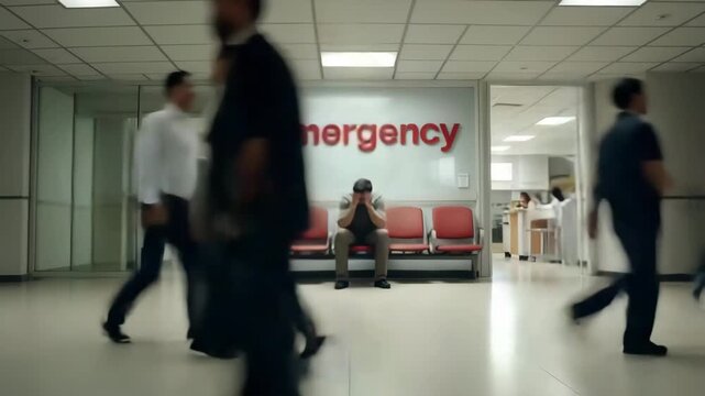 Despair man sitting on chairs at an emergency room entrance, crying, his posture conveys deep sorrow and despair in hospital