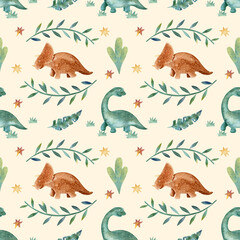 Seamless pattern with cartoon dinosaurs on a beige background. Drawn colored dinosaurs for children's room and textiles. Children's illustration