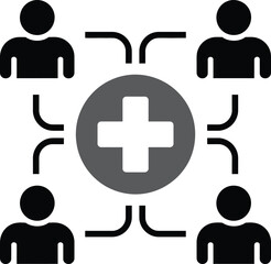 Team healthcare network icon, community medical support, collaborative health system, people care connection, vector illustration