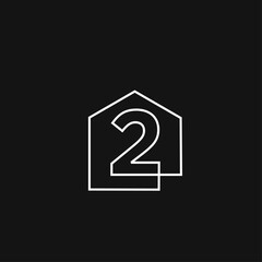 Minimalist House Icon with Number 2 Inside, Continuous Line Art on Black Background
