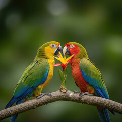 Obraz premium Vibrant parrots sharing a flower on a branch in nature