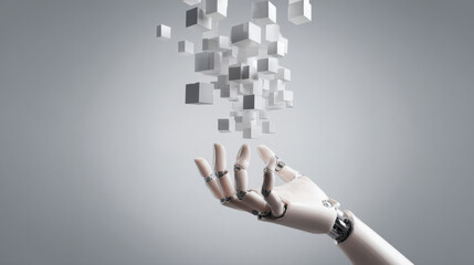 Artificial hand reaches up toward a cluster of white cubes floating above it, symbolizing technology and future innovation and advancement.