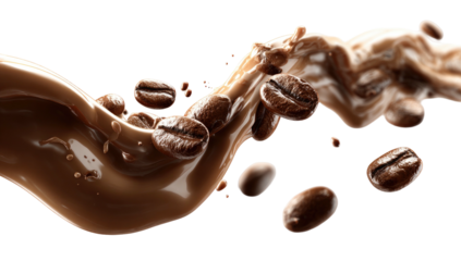 Coffee beans burst from flowing liquid on black background
