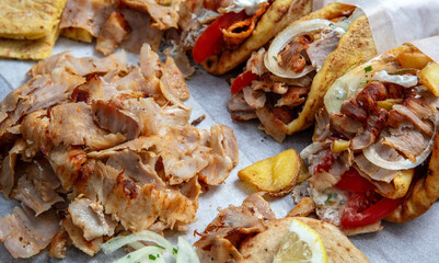Gyro sliced meat closeup, doner shawarma wraps, traditional greek street food