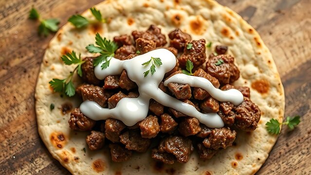 Ground lamb flatbread drizzled with yogurt, featuring warm spices in an overhead view with professional food styling lighting.