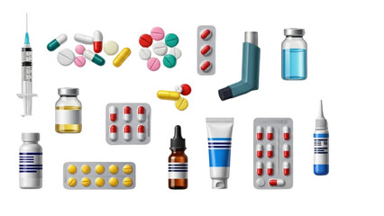 Collection of 3D Medical Supplies and Healthcare Elements featuring Pills, Syringes, IV Bags, Inhalers, and Medication Bottles for Pharmacy and First Aid Design
