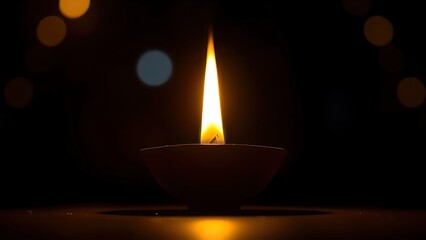 Golden diya glowing in darkness, symbolizing tradition and festive spirit in Indian culture.