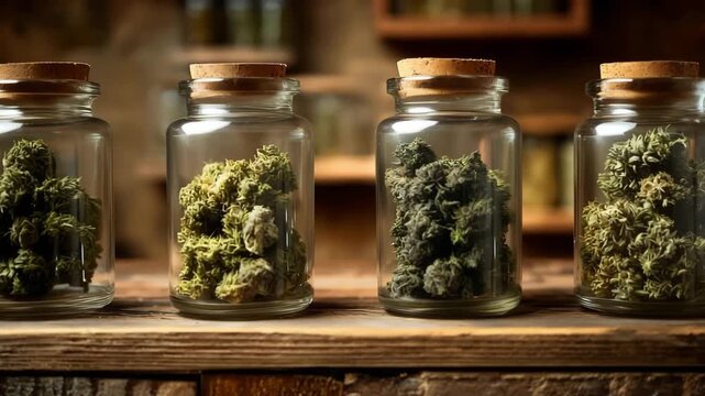 Harvested cannabis buds in glass jars full of cannabis buds, Compressed cannabis buds in a glass jars