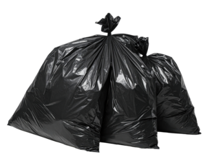 Three Black Plastic Garbage Bags Full of Waste for Proper Disposal on a Transparent Background