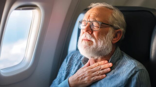 Senior man passenger was suffering from painful chest pain from a chronic disease, while sitting in a seat in airplane near windows