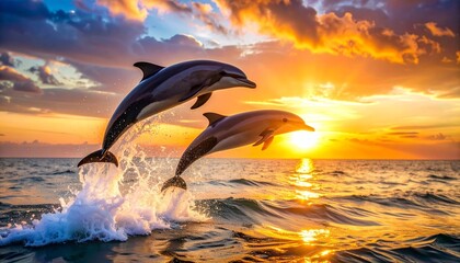 Obraz premium Two dolphins leaping from ocean water against vibrant golden sunset sky with shoreline