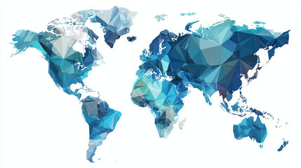 A modern geometric illustration of the world map in shades of blue. The continents are composed of interconnected triangular shapes, showcasing a contemporary aesthetic