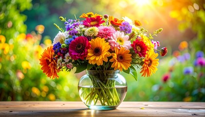   
Colorful bouquet of assorted flowers in clear glass vase on wooden surface with sunlit garden background
