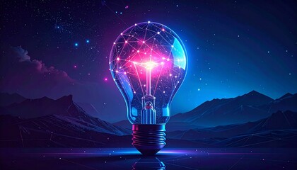   
Glowing light bulb with digital neural network inside against starry night mountainscape