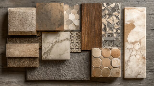 Assortment of diverse tile samples, showcasing varied textures and designs. Arranged on a wooden surface for interior design inspiration