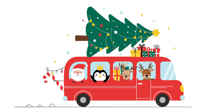 Red holiday bus driven by Santa Claus with a penguin and reindeer passengers carrying a large Christmas tree and gifts on roof in the snow.