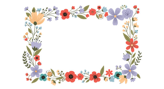 Elegant rectangular floral frame composed of colorful flowers and green leaves in soft hues of red, purple, and yellow on a white background.