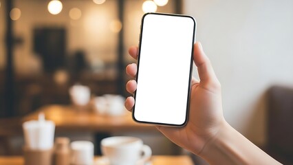 Hand holding modern smartphone with blank screen in cozy coffee shop setting.