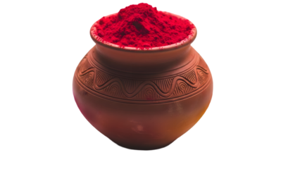 Clay pot filled with red powder isolated on transparent background