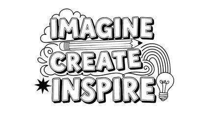 A creative illustration with the words Imagine Create Inspire on transparent background