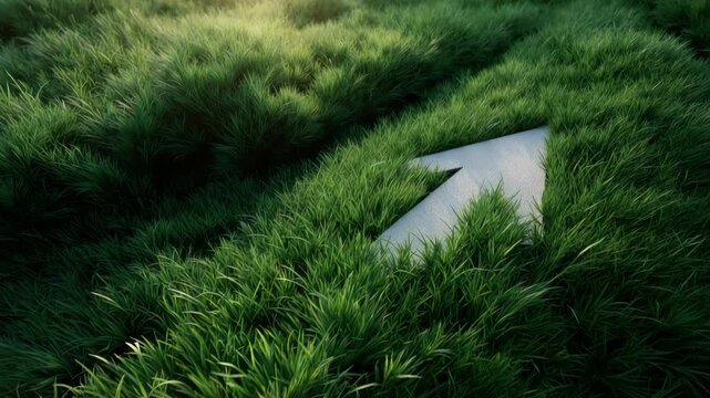 Arrow path on lush green grass suggesting forward direction and growth