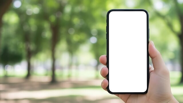 Hand holding smartphone blank screen mockup against blurred green park background. - Powered by Adobe