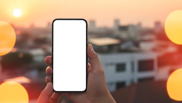 Hand holding smartphone with blank screen against blurry sunset cityscape bokeh lights. - Powered by Adobe