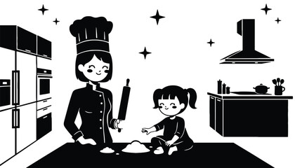 A chef and a little girl baking together in a kitchen silhouette