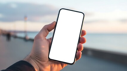 Displaying app design on a blank smartphone screen by ocean at sunset.
