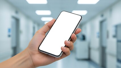 Hand holding smartphone with blank screen in modern medical facility background.