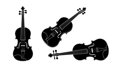 Obraz premium Three black violin silhouette icons in different orientations isolated on white background vector set