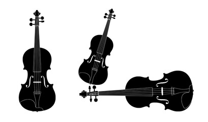 Minimalist black violin silhouettes vector set isolated on white background for music logos and branding