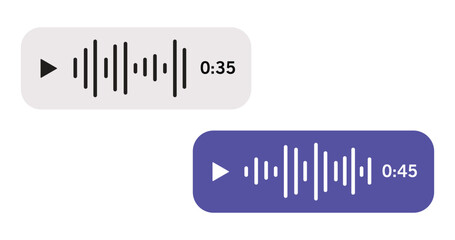 Audio Message Bubbles, White and Purple Playback UI Elements with Timestamps, Chat Bubbles with Sound Wave and Timer Icons, Messaging UI Elements on Transparent Background