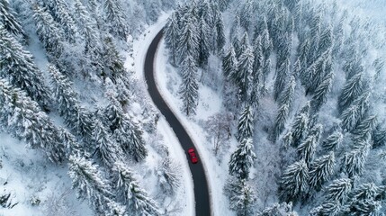 Aerial view of a winding road snaking through a snowy forest, with a red car visible
