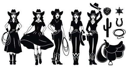 A group of cowgirls in various poses with western accessories silhouette on transparent background